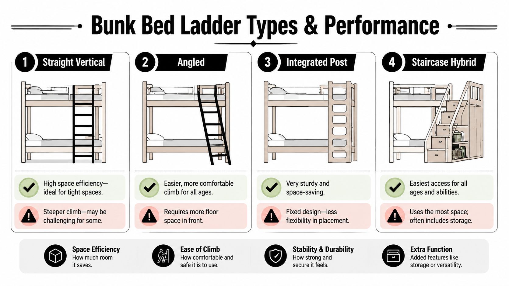A comparison chart showing four different types of bunk bed ladders and their pros and cons.