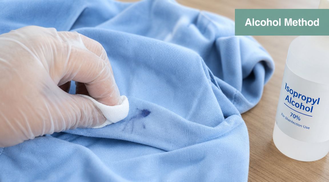 A hand wearing a white glove using an alcohol-soaked cotton ball to remove ink from blue fabric.