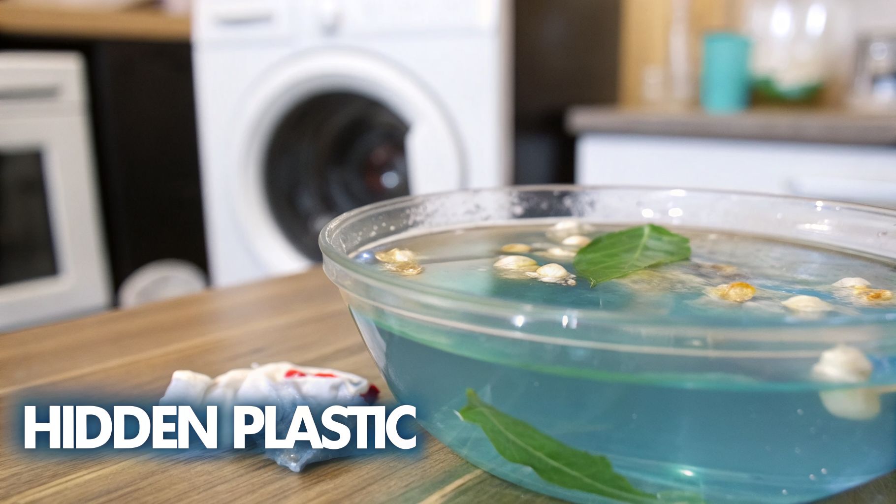 A clear bowl of blue water with floating leaves and small particles, next to a cloth item, highlighting hidden plastic from laundry.
