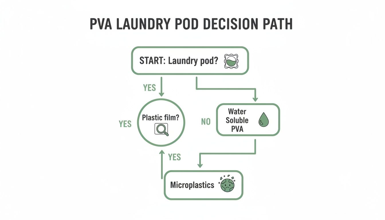 Flowchart explaining the PVA laundry pod decision path, showing how both plastic film and water-soluble PVA lead to microplastics.