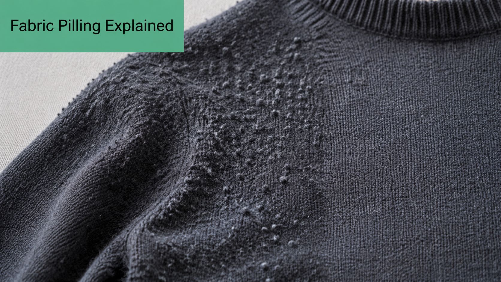 A close-up view of a dark grey knit sweater showing visible fabric pilling on its surface.