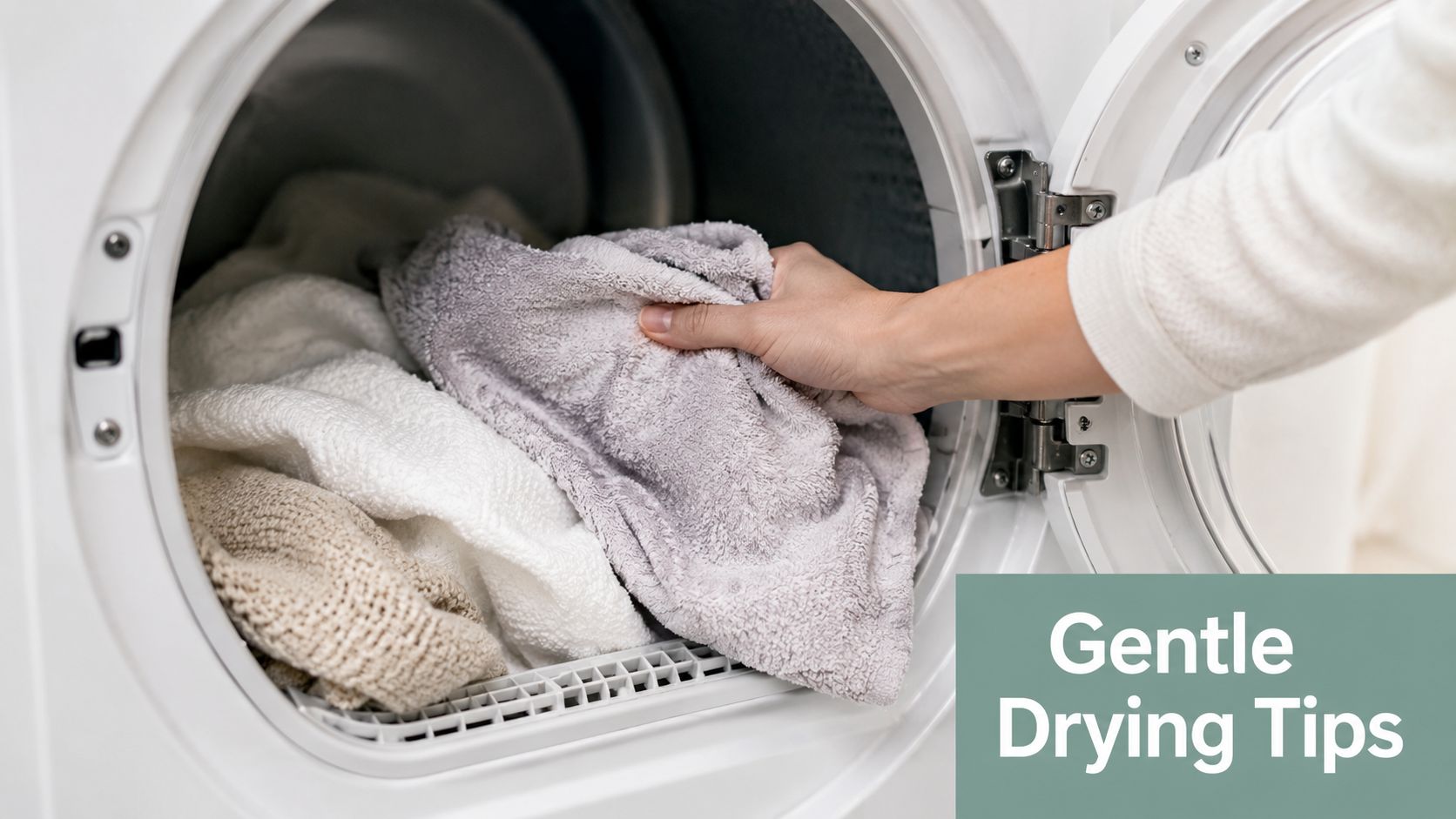 A person placing soft laundry items inside a clothes dryer to follow gentle drying procedures.