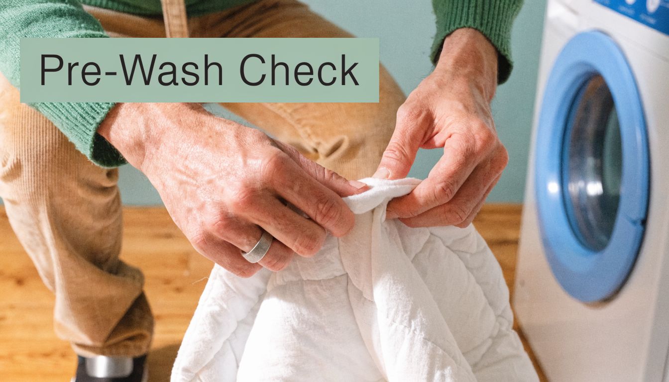 A man in a green sweater checks a white comforter for stains before putting it in the laundry.