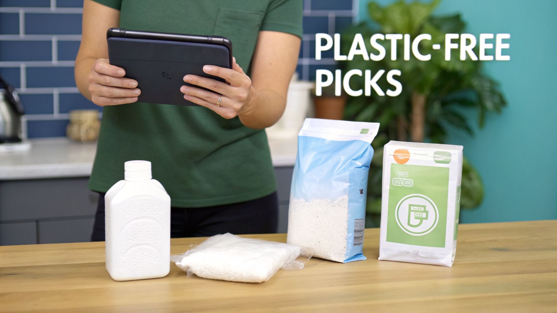 A person researches plastic-free options, featuring eco-friendly laundry and soap products on a table.