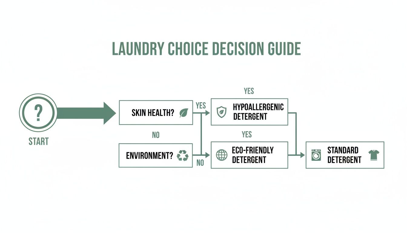 A flowchart titled 'LAUNDRY CHOICE DECISION GUIDE' helps choose detergent based on skin health and environmental concerns.