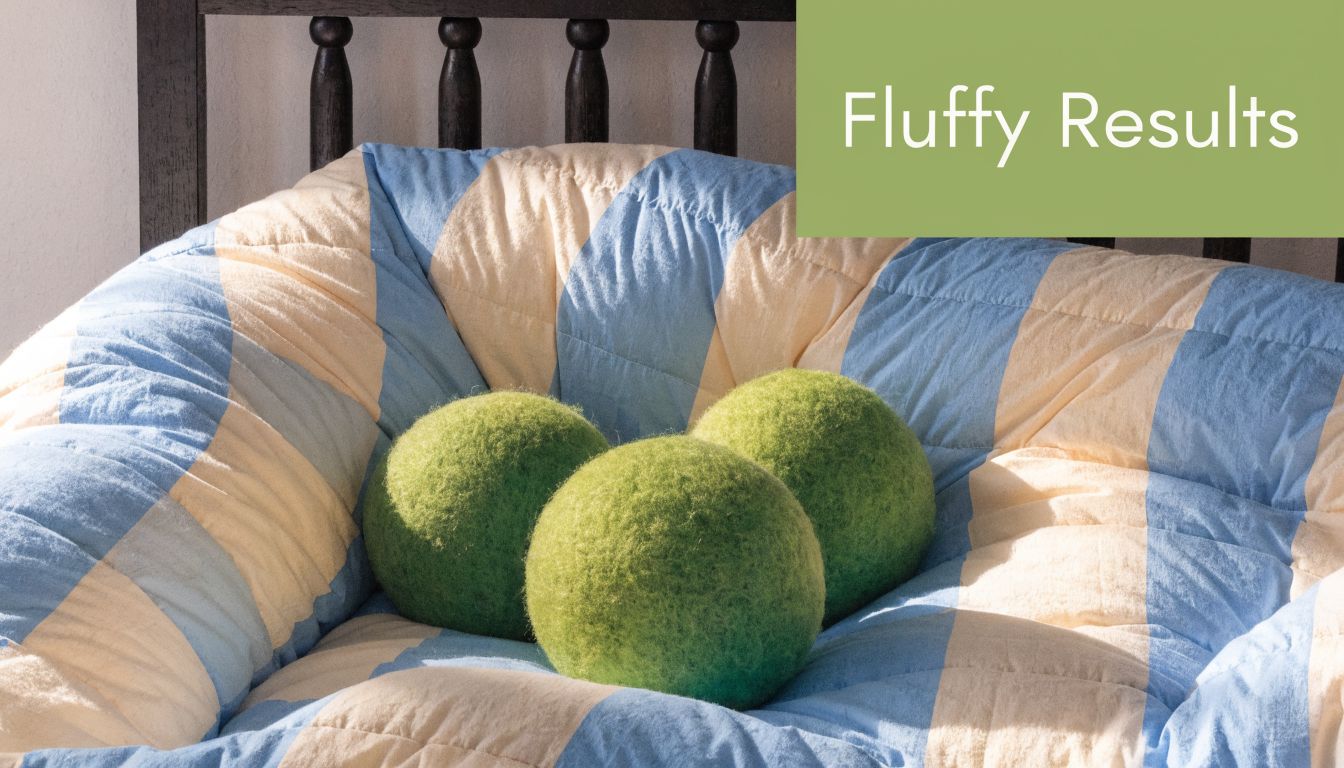 Three green felt dryer balls resting on a striped blue and white quilted comforter on a bed.