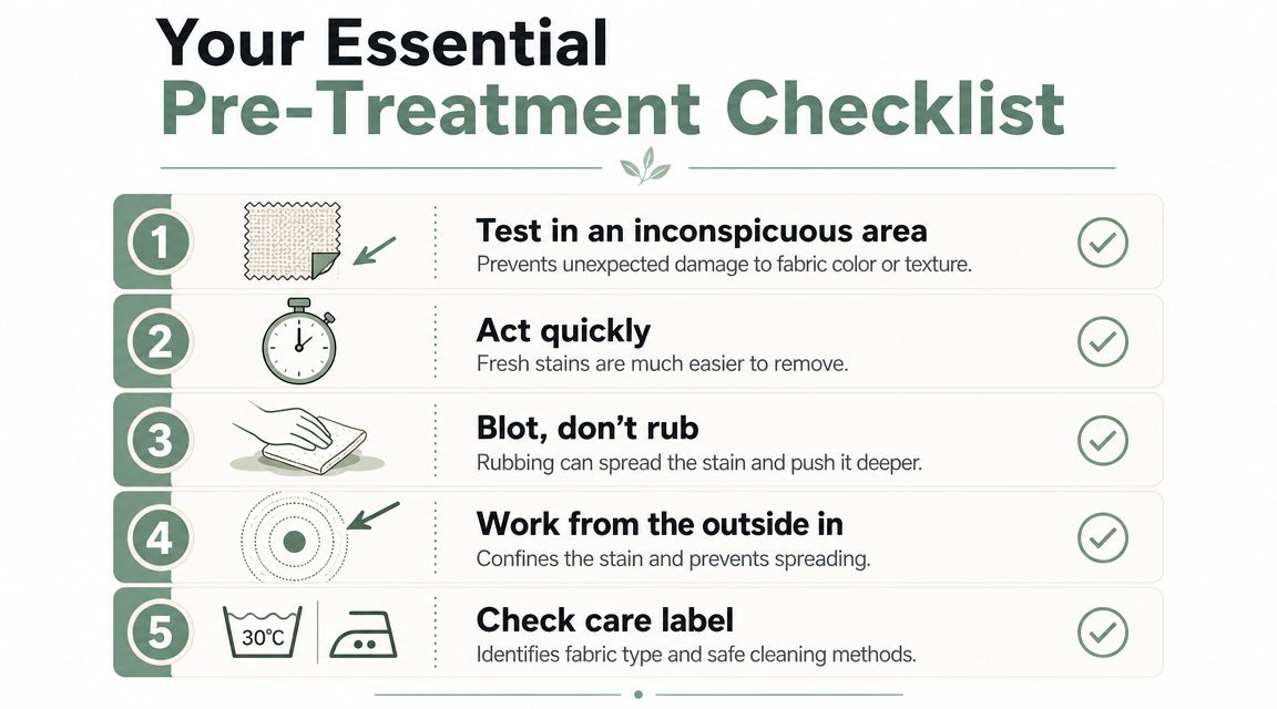 A five-step infographic showing essential tips for pre-treating and removing stains from fabric surfaces.