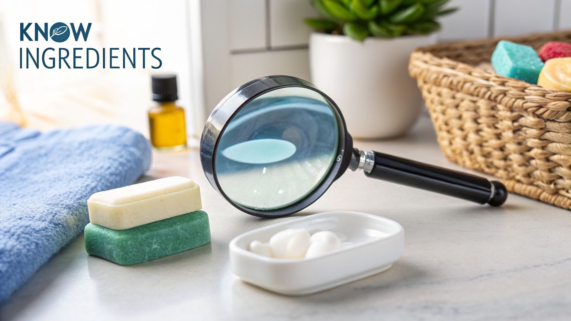A magnifying glass inspecting natural soap bars and essential oil, emphasizing knowing ingredients.