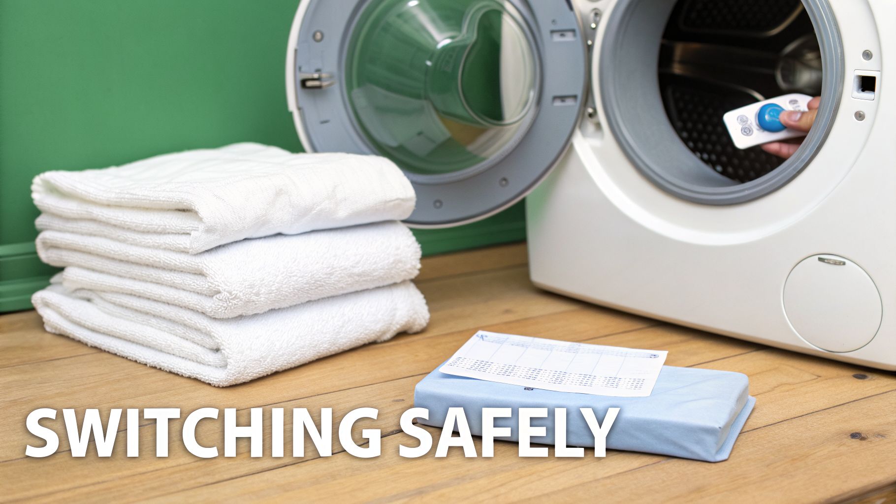 A hand places a laundry pod into an open washing machine, with clean towels and detergent sheets nearby.