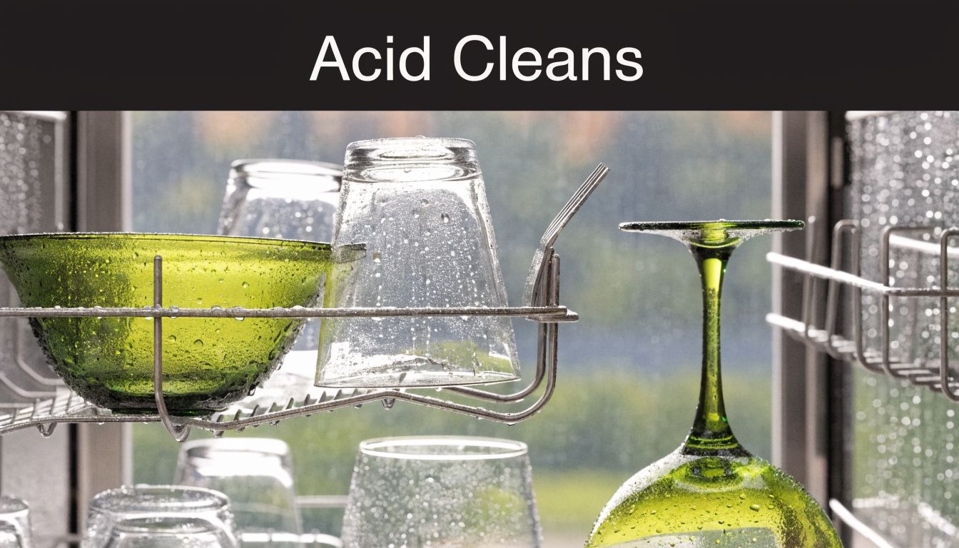 A close-up view inside a dishwasher showing clean green glassware and clear glass tumblers sparkling after cleaning.
