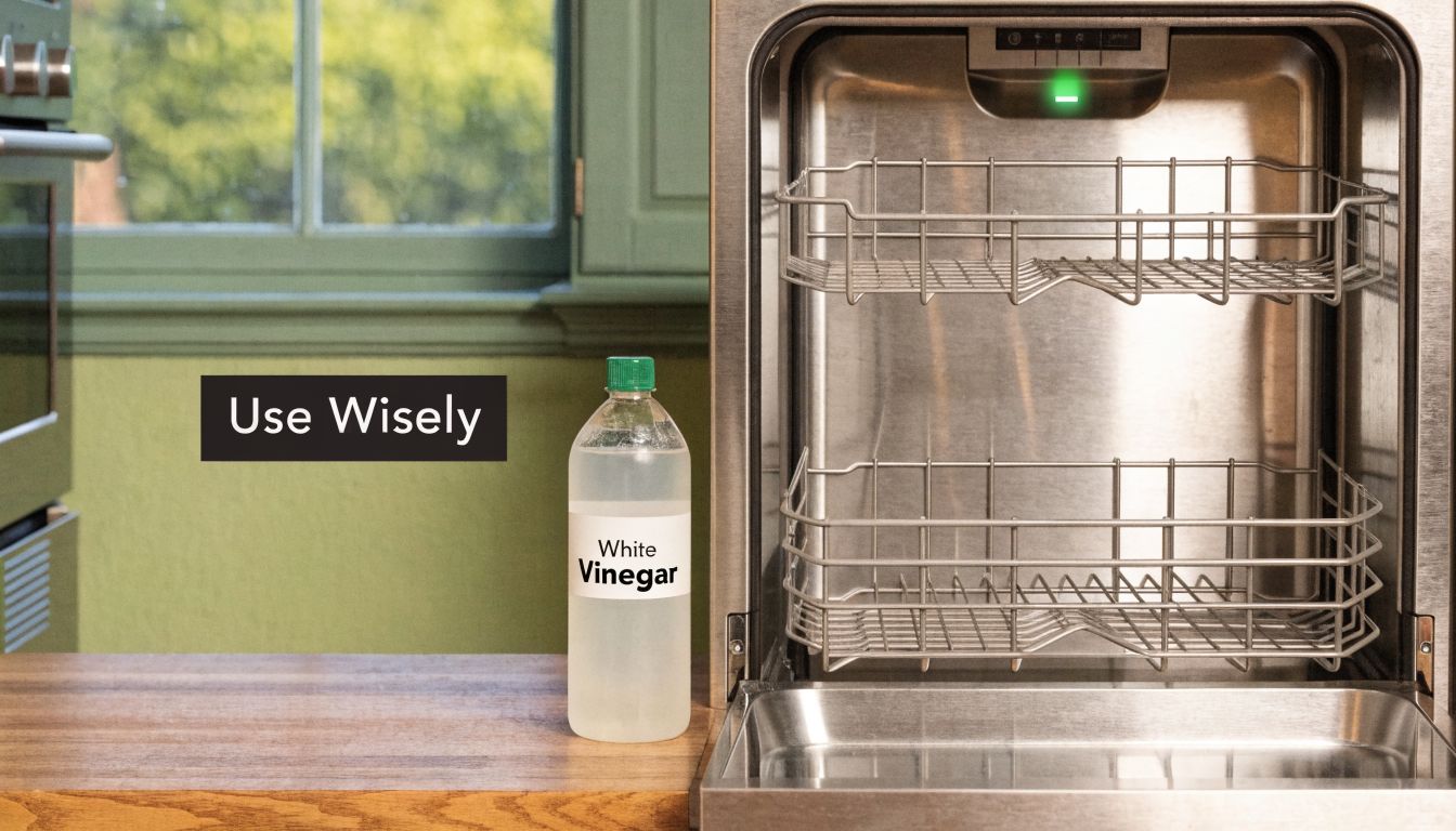 A bottle of white vinegar sitting on a kitchen counter next to an empty open dishwasher.