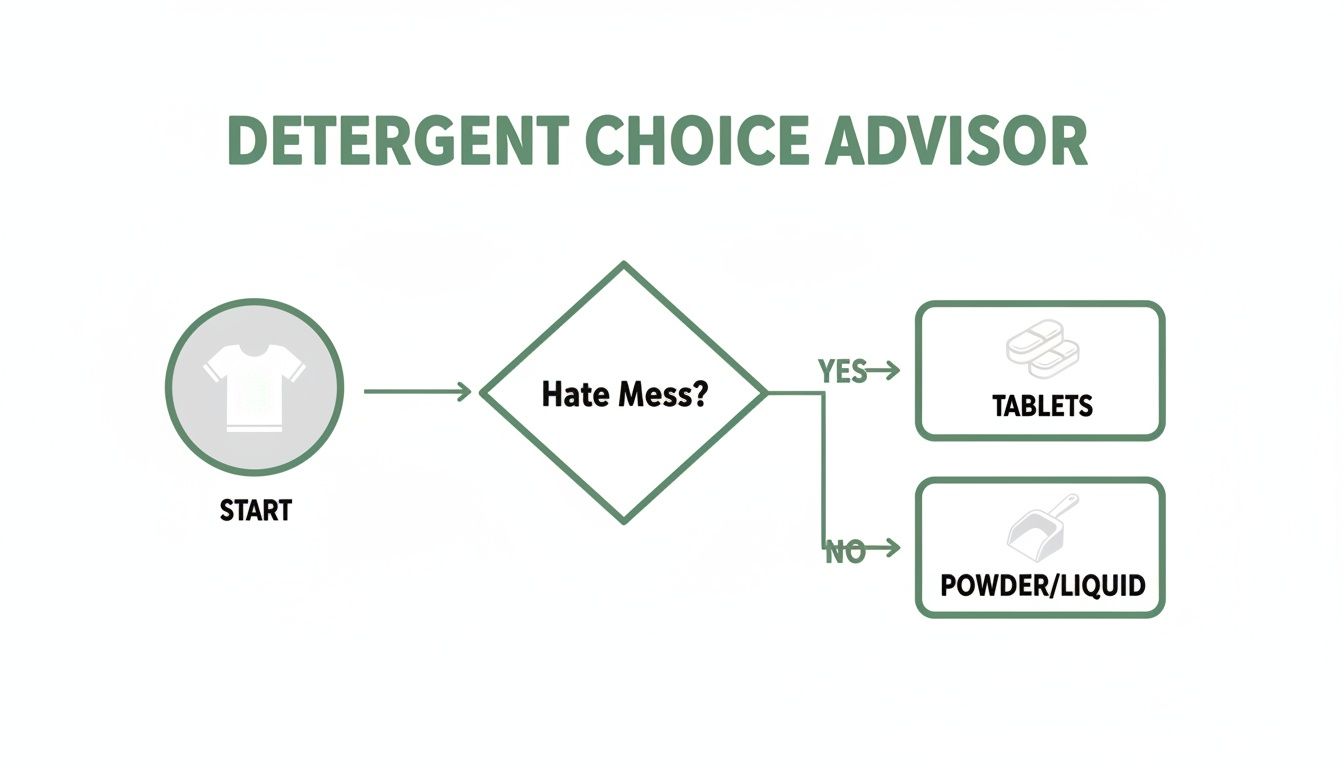 Flowchart showing a detergent choice advisor, guiding users to tablets if they hate mess, or powder/liquid.