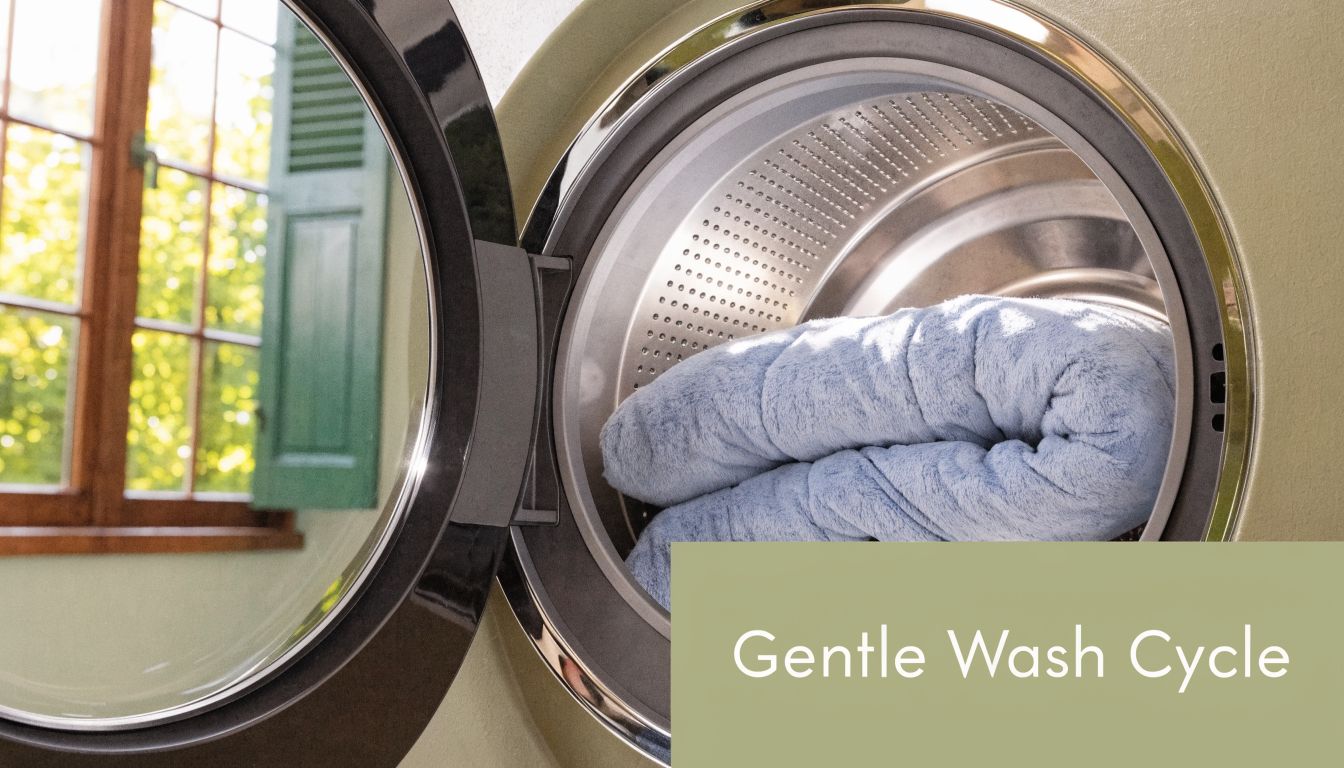 A light blue comforter inside the open drum of a washing machine during a gentle wash cycle.