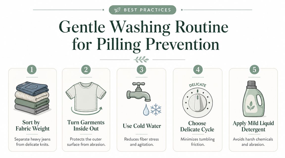 An infographic showing a five-step guide for a gentle washing routine to prevent fabric pilling.