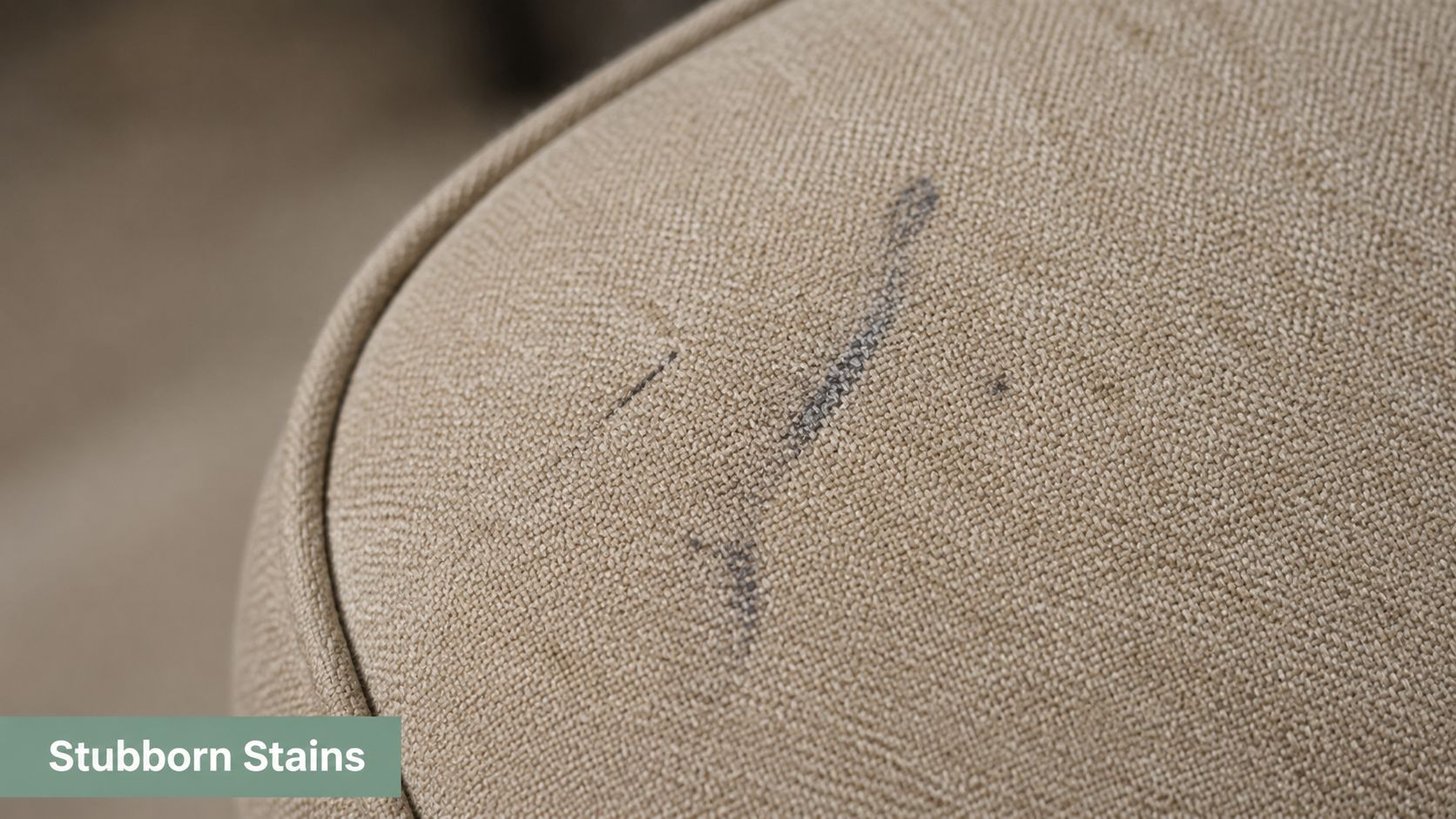 A close-up view of a stubborn ink stain on beige upholstered furniture fabric.