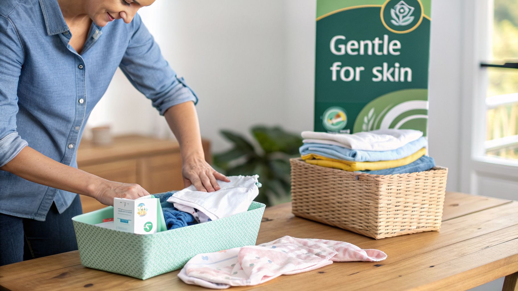 A woman folds laundry into a basket, with a "Gentle for skin" banner in the background.