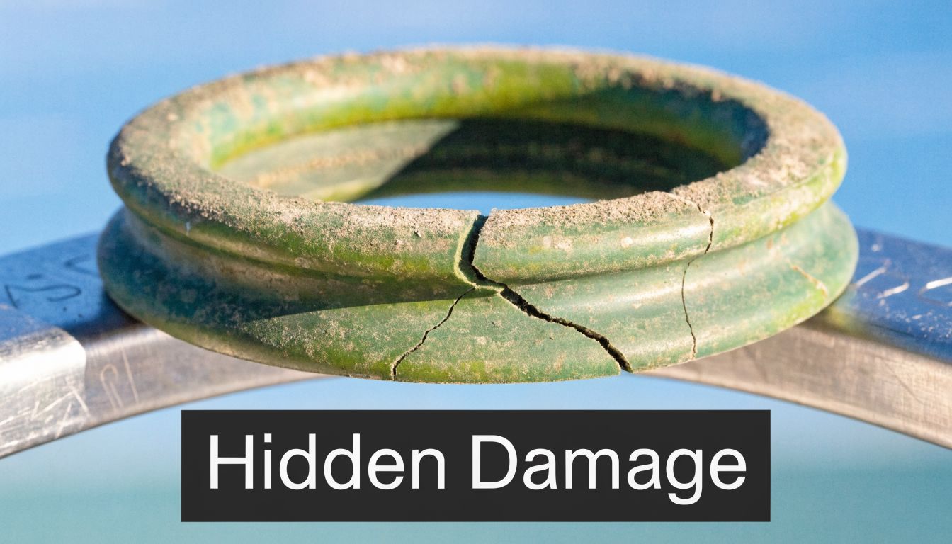 A close-up view of a cracked green rubber seal ring sitting on a metallic surface.