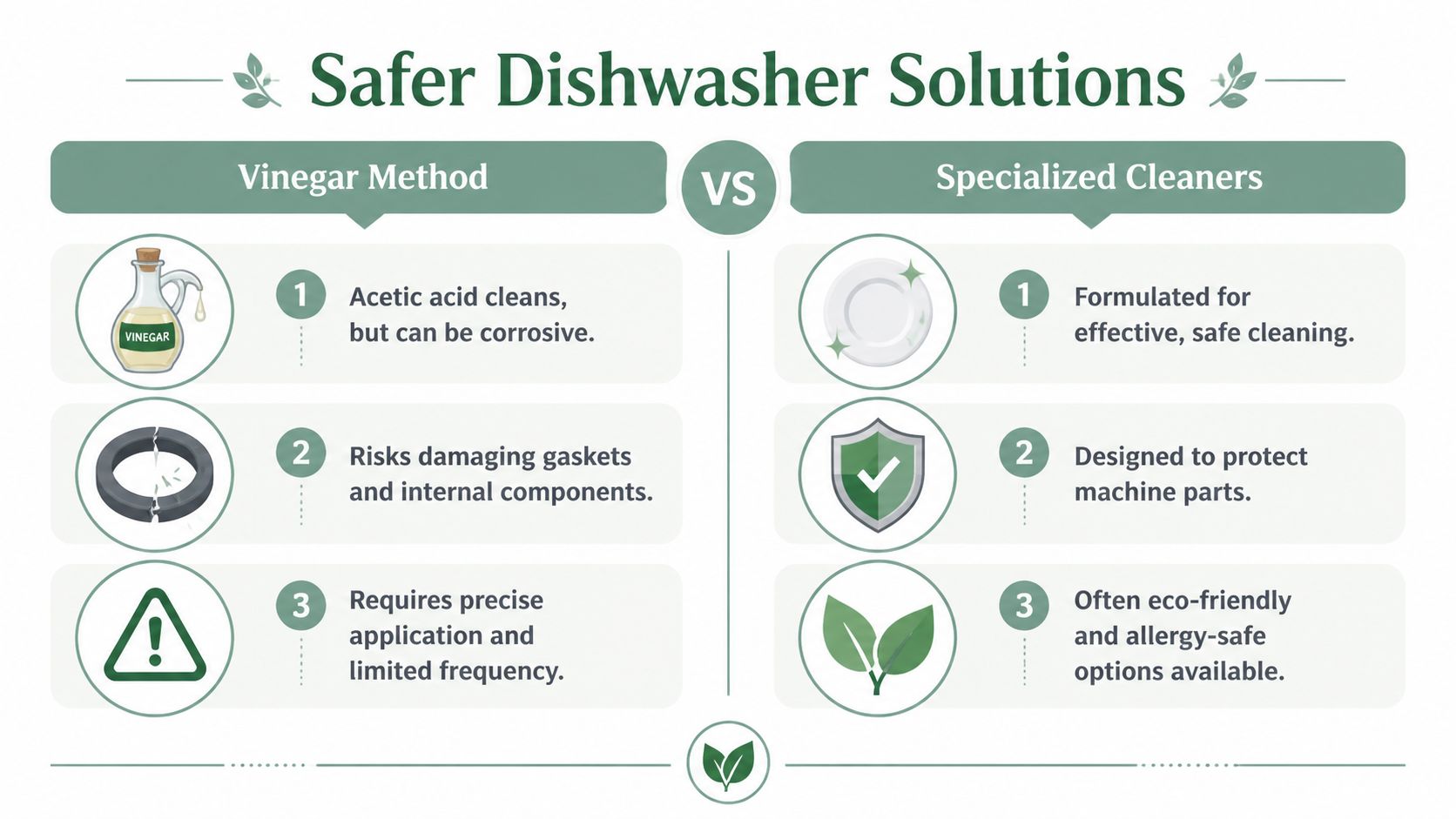A comparison chart showing pros and cons of using vinegar versus specialized cleaners for dishwasher maintenance.