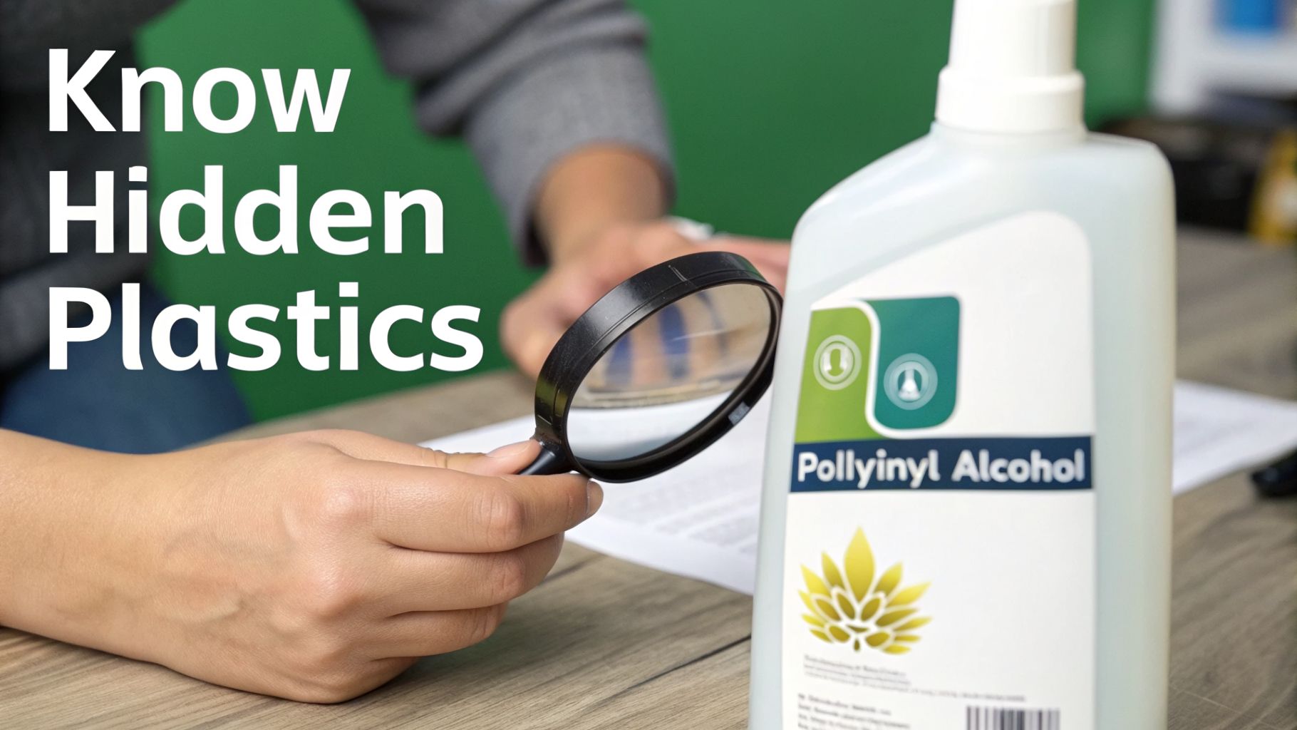 A person uses a magnifying glass to examine a document, next to a bottle of Polyvinyl Alcohol.