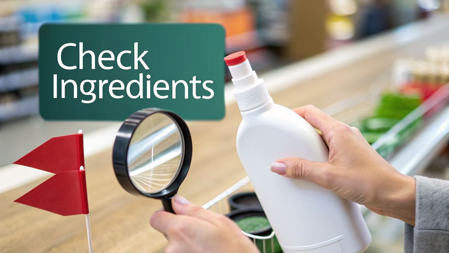 Person checking product ingredients with a magnifying glass next to a 'Check Ingredients' sign.