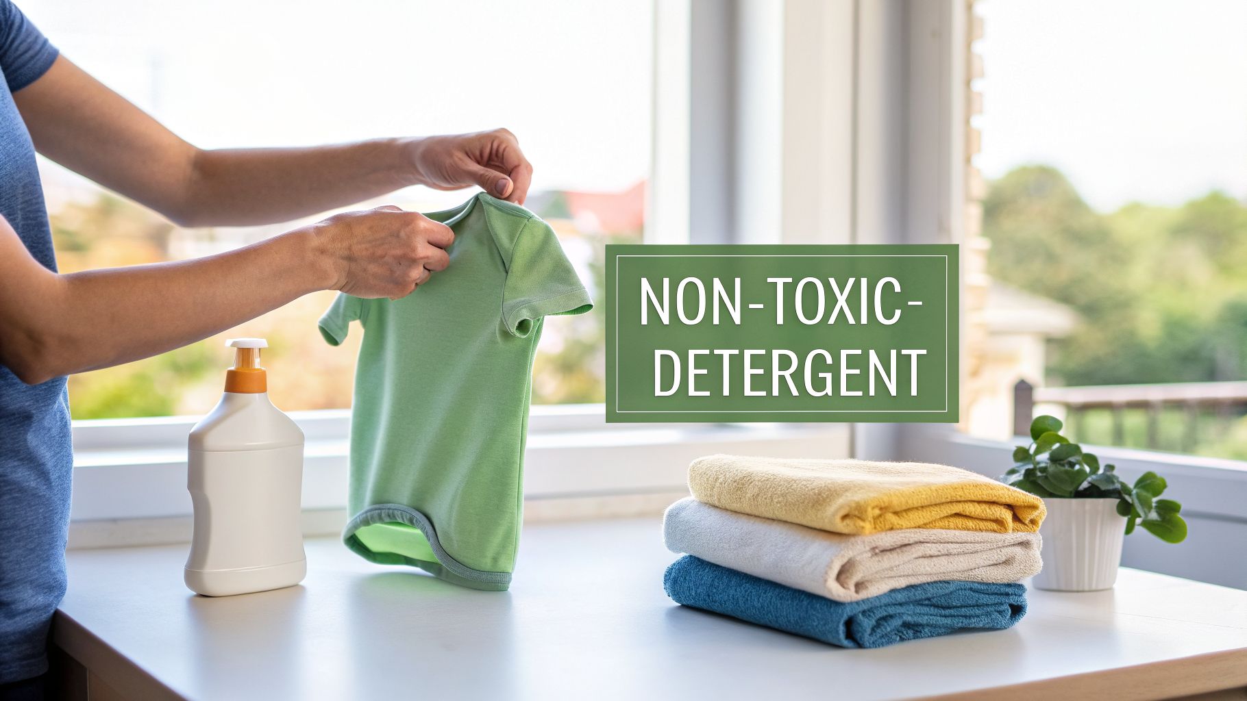 Person holding a green baby onesie with a non-toxic detergent bottle and stack of clean towels.