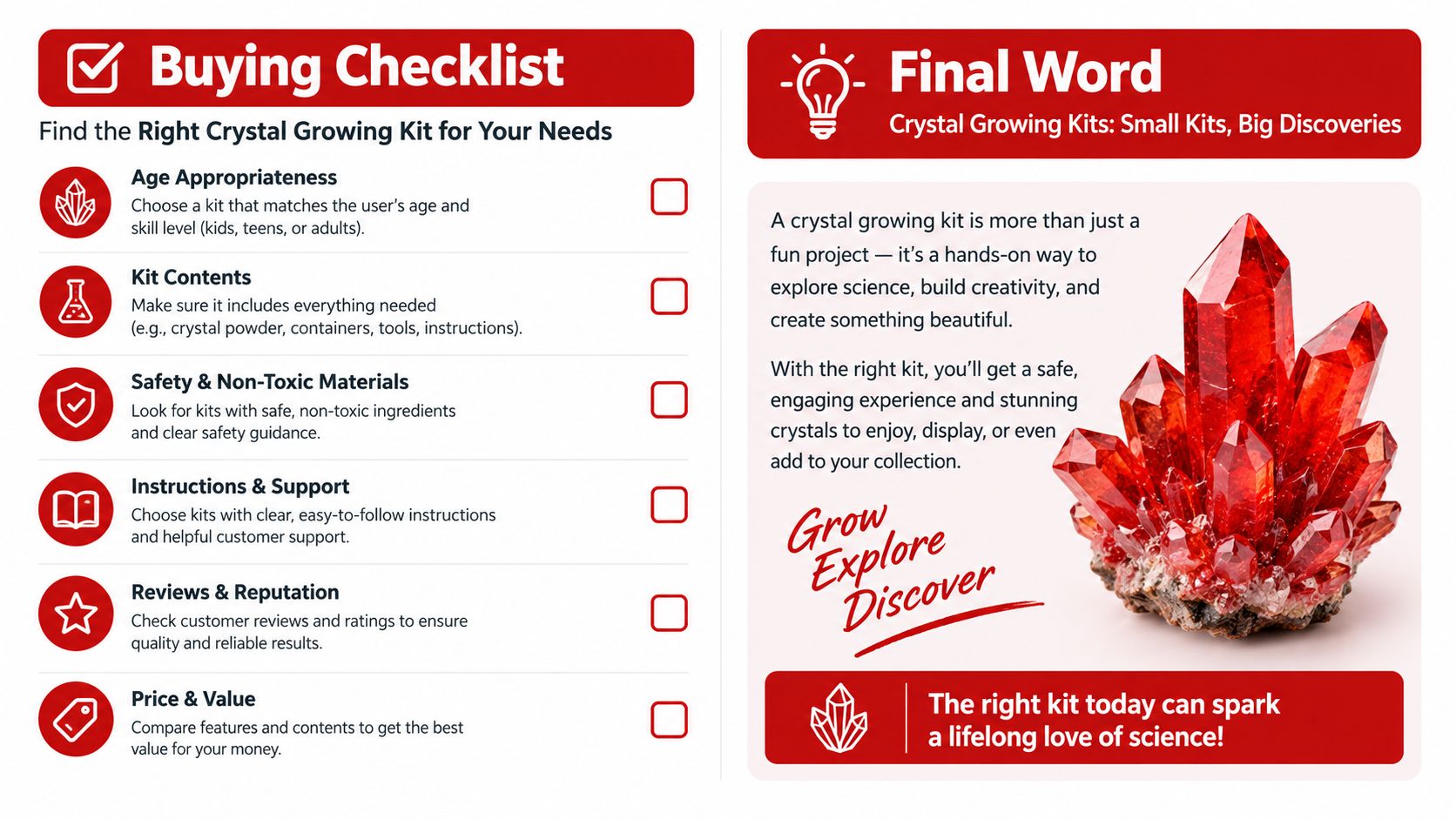 A helpful infographic featuring a buying checklist for crystal growing kits and a concluding inspirational message.
