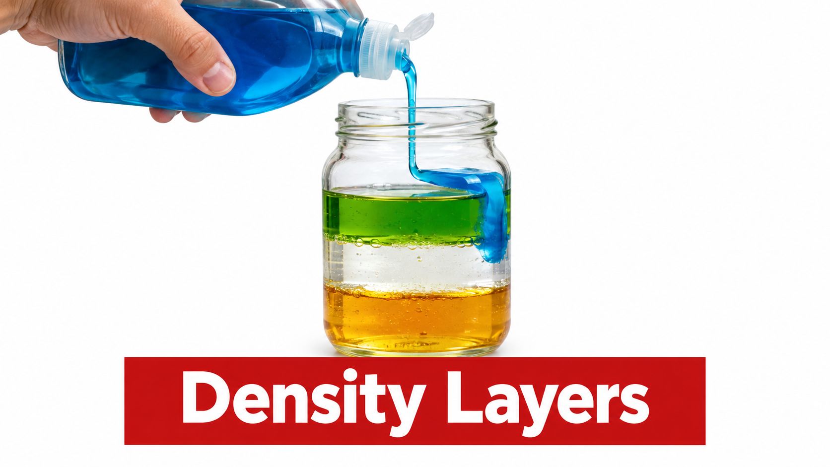 A hand pouring blue dish soap into a glass jar filled with layers of colorful liquids.