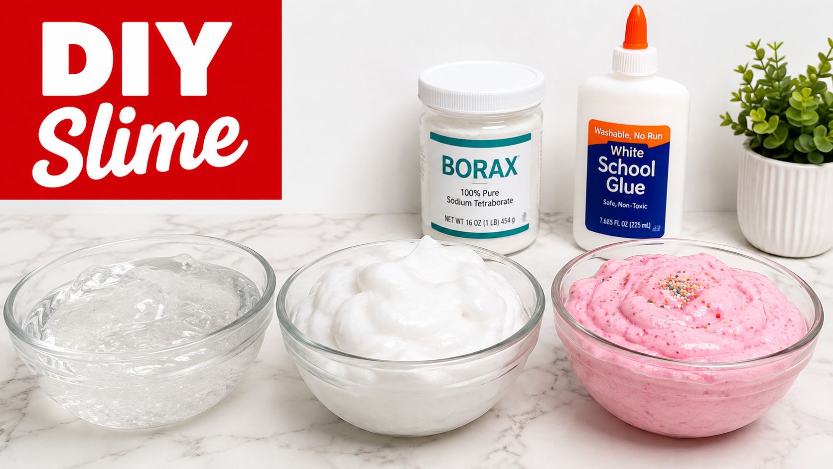 A DIY slime making display featuring bowls of slime, a bottle of glue, and a jar of borax.