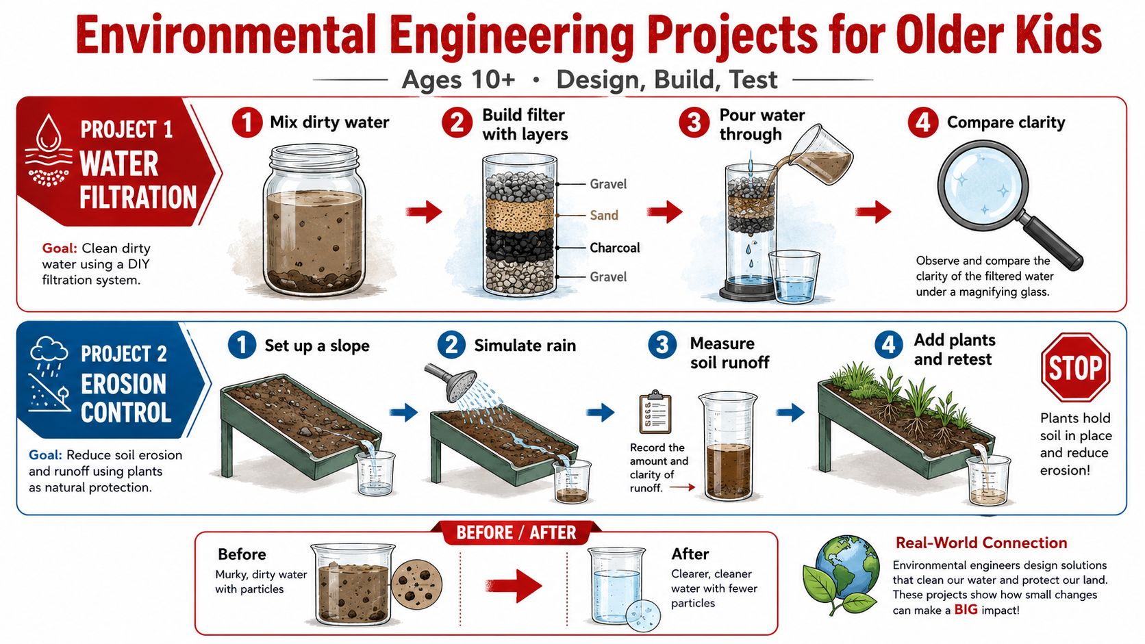 An infographic detailing two environmental engineering experiments for kids: water filtration and erosion control.