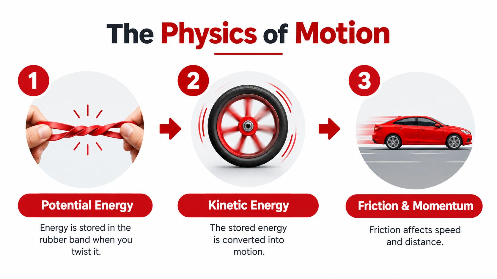 A diagram illustrating the physics of motion with a twisted rubber band, a spinning wheel, and a moving car.