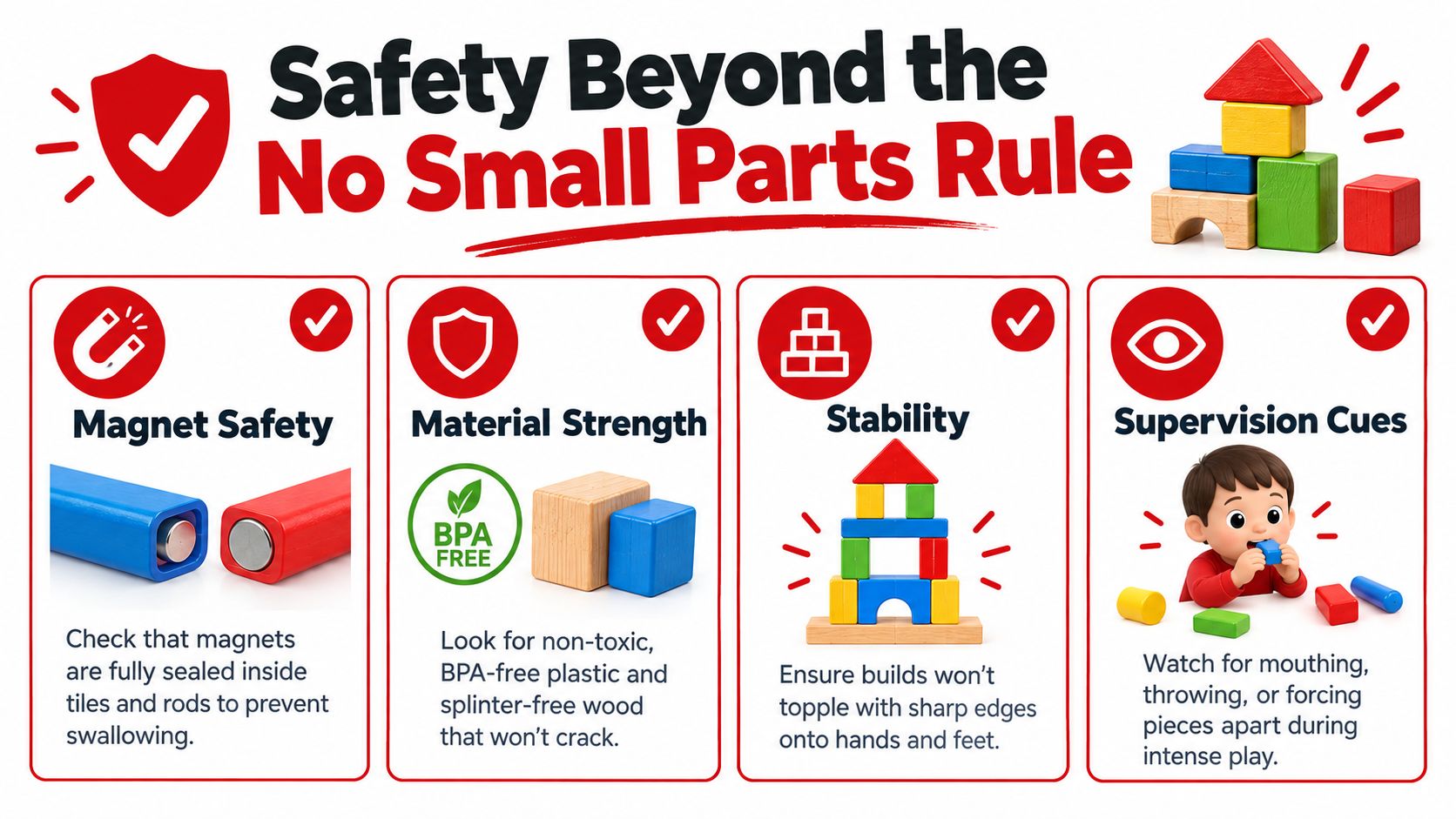 A safety infographic highlighting key considerations for children's building toys including magnets, materials, stability, and adult supervision.