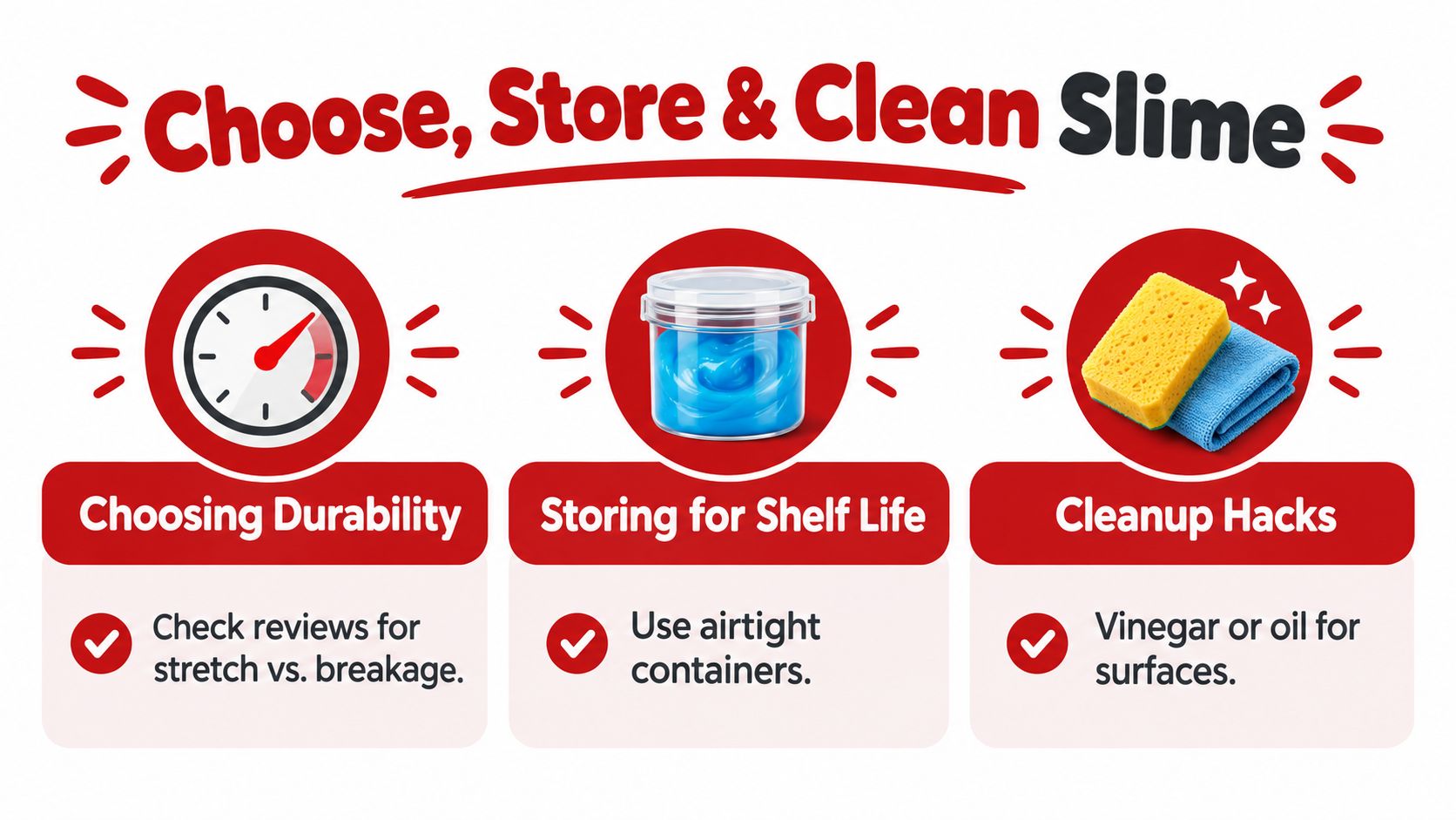 An infographic titled Choose, Store & Clean Slime offering advice on durability, airtight storage, and easy cleanup hacks.