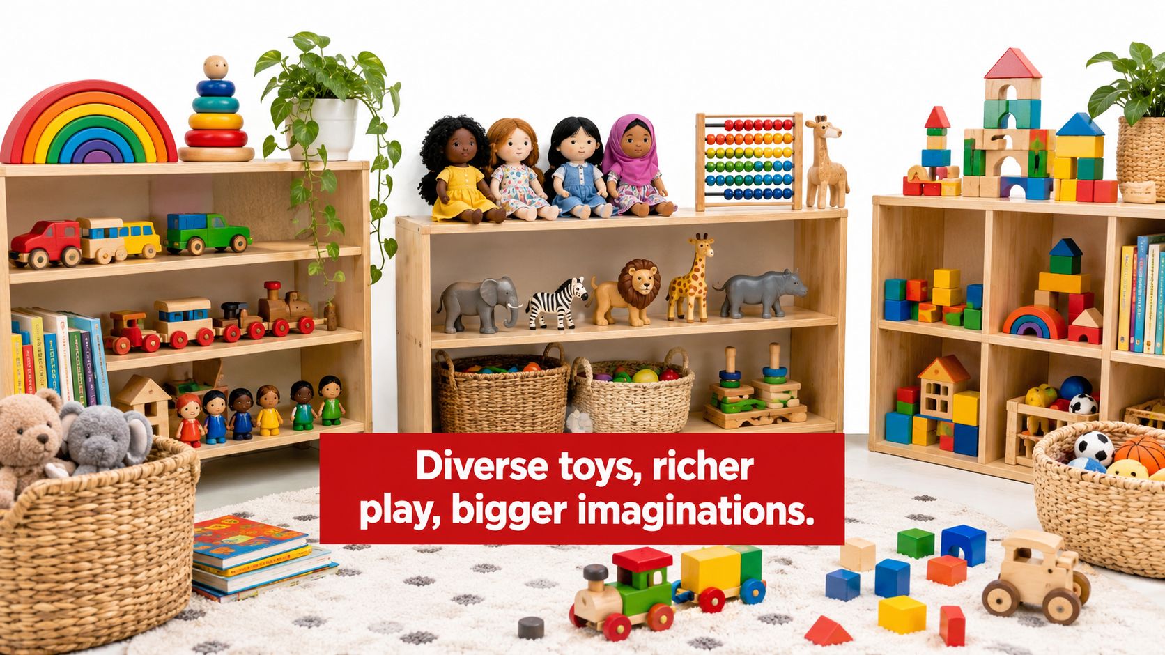 A playroom filled with diverse educational toys including wooden blocks, dolls, animal figures, and learning tools.