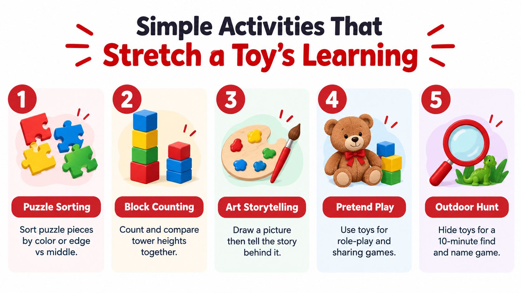 A colorful infographic illustrating five simple ways to use toys for educational activities with young children.
