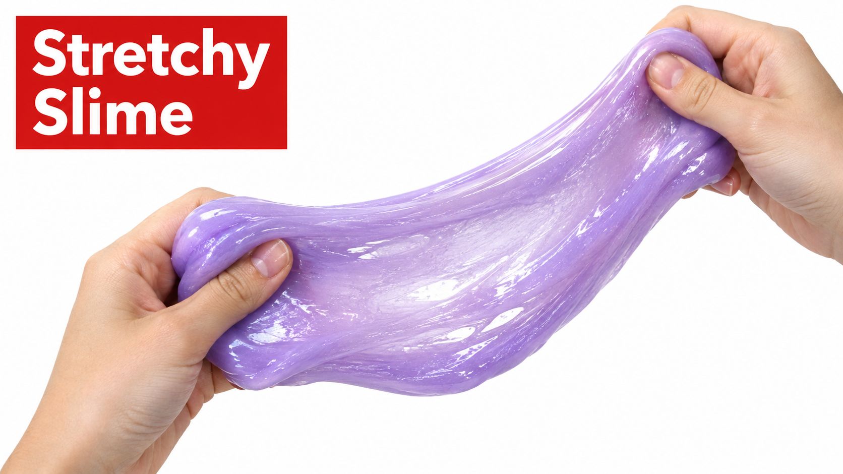 A pair of hands pulling and stretching a large amount of glossy light purple slime.