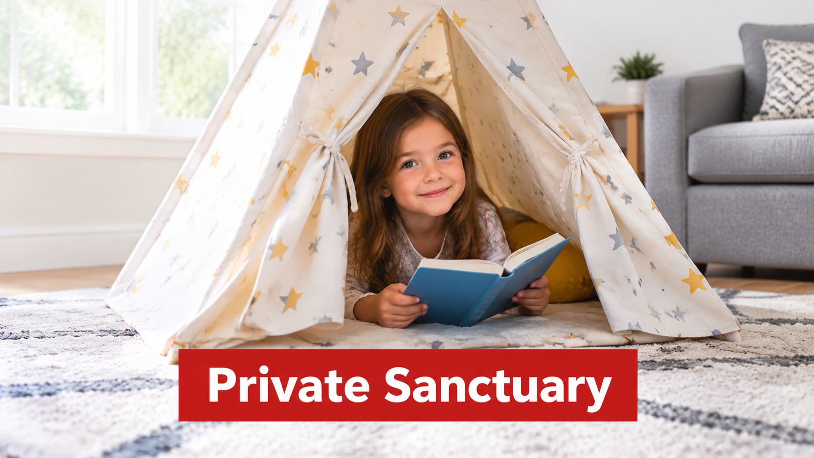 A young girl smiling while reading a book inside a cozy patterned fabric pop-up tent