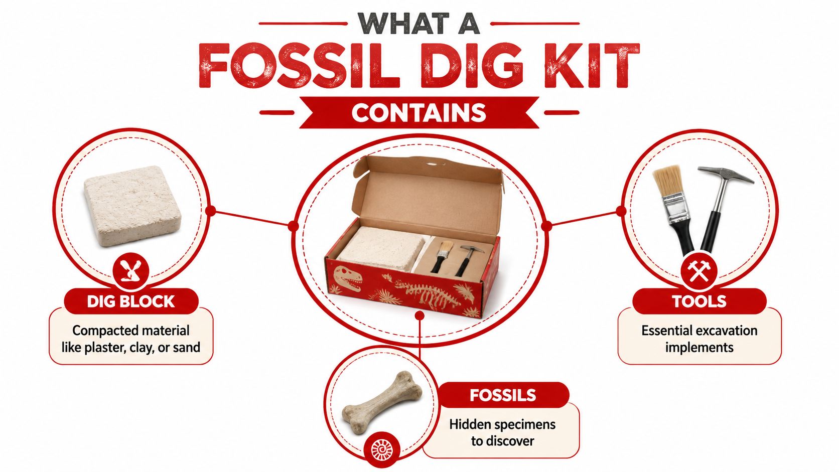 A diagram illustrating the contents of a dinosaur fossil dig kit including a block, tools, and fossils.