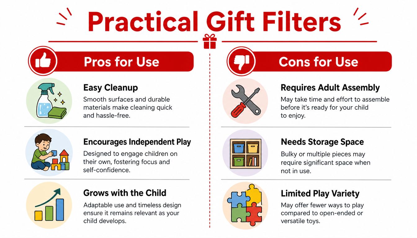 An infographic titled Practical Gift Filters comparing the pros and cons of choosing practical gifts for children.