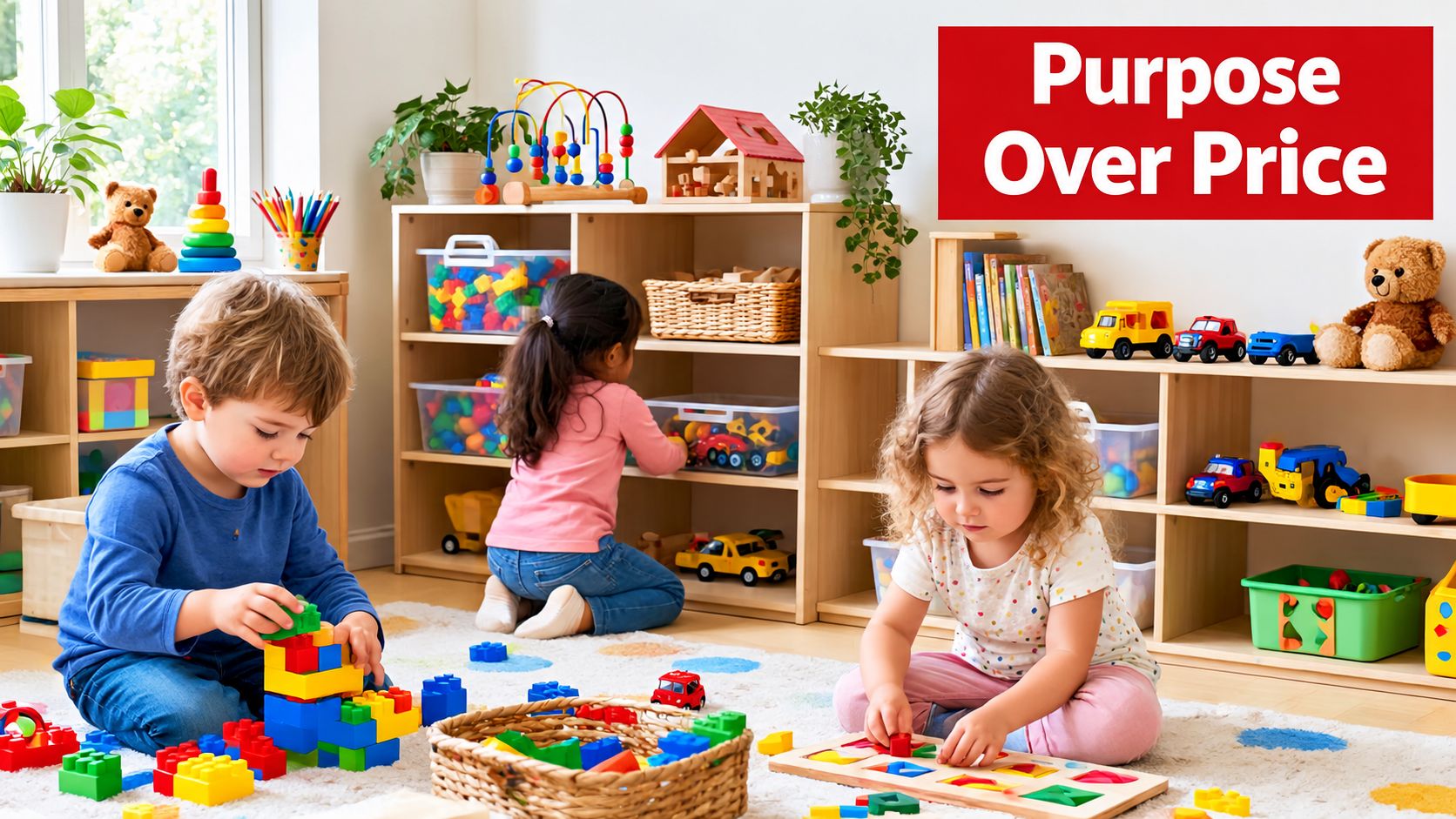 Three young children playing with colorful building blocks and educational toys in a brightly lit preschool classroom.