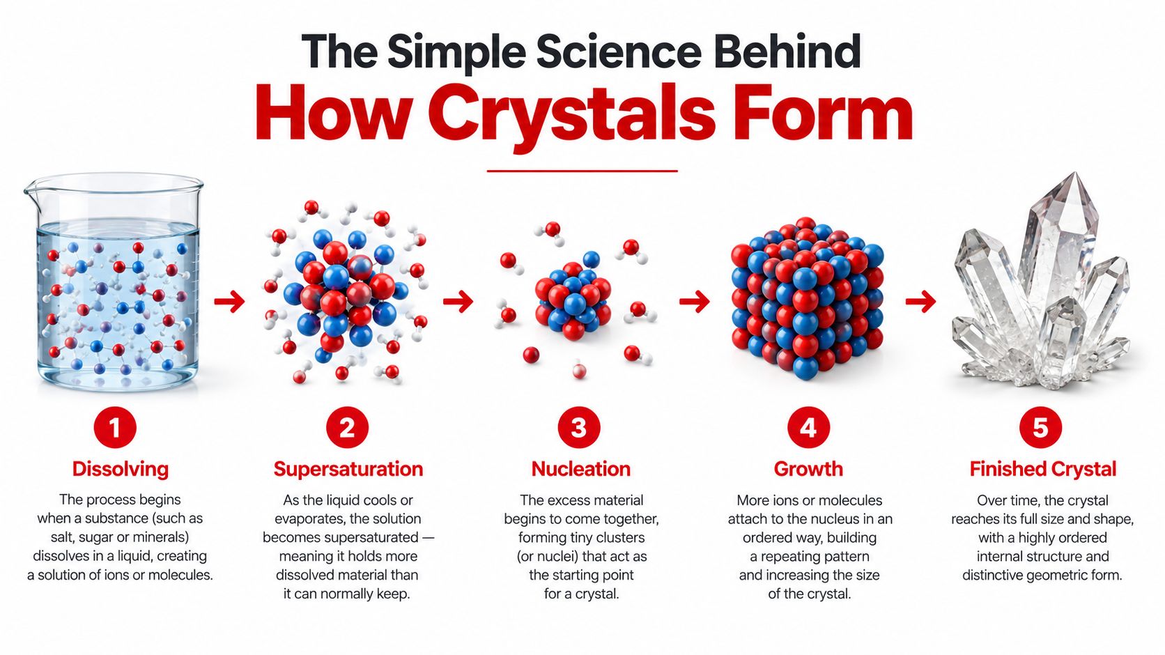 A five-step infographic showing the scientific process of how crystals form from solution to a final structure.