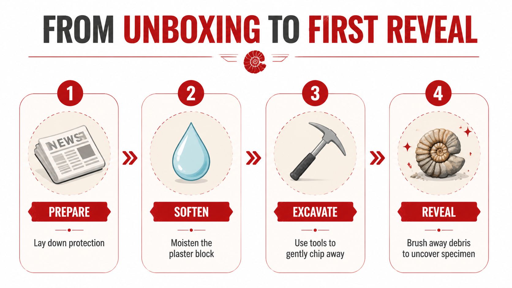 A four-step infographic illustrating the process of using a fossil dig kit, from preparation to final reveal.