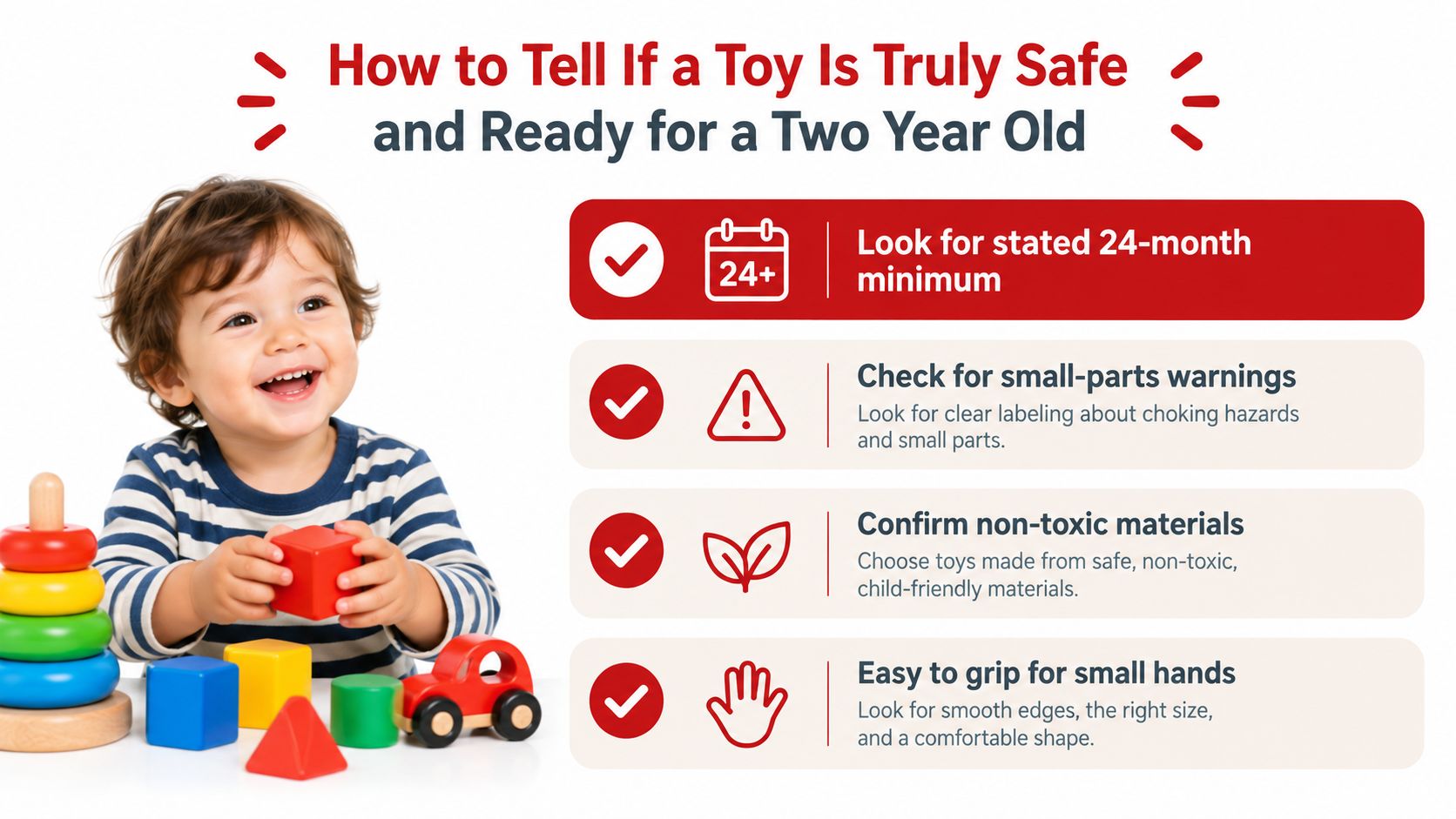 An infographic detailing safety tips for choosing toys suitable for a two year old child.