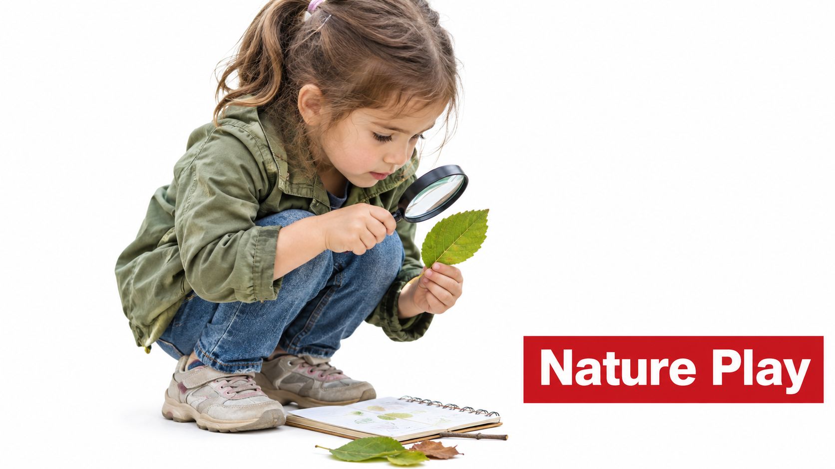 A young girl crouches on a white floor, carefully observing a green leaf with a magnifying glass.