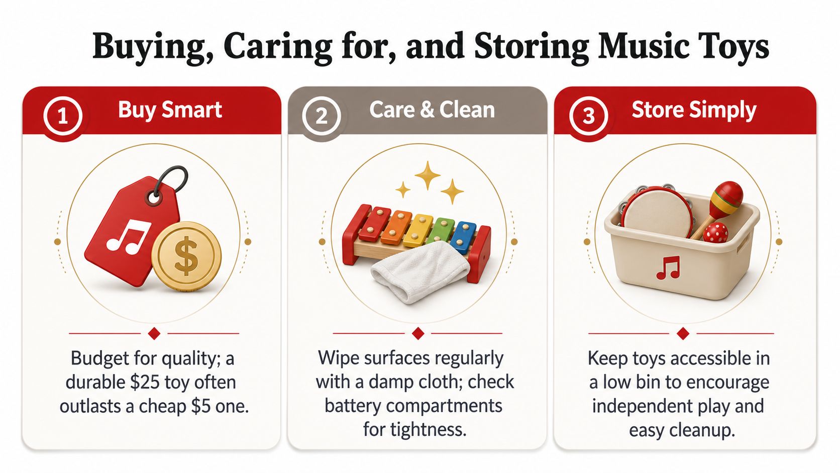 An infographic titled Buying, Caring for, and Storing Music Toys showing three steps for managing children's musical instruments.