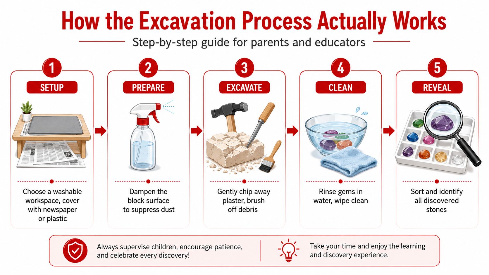 A step-by-step infographic showing how to use a gem excavation kit for kids.