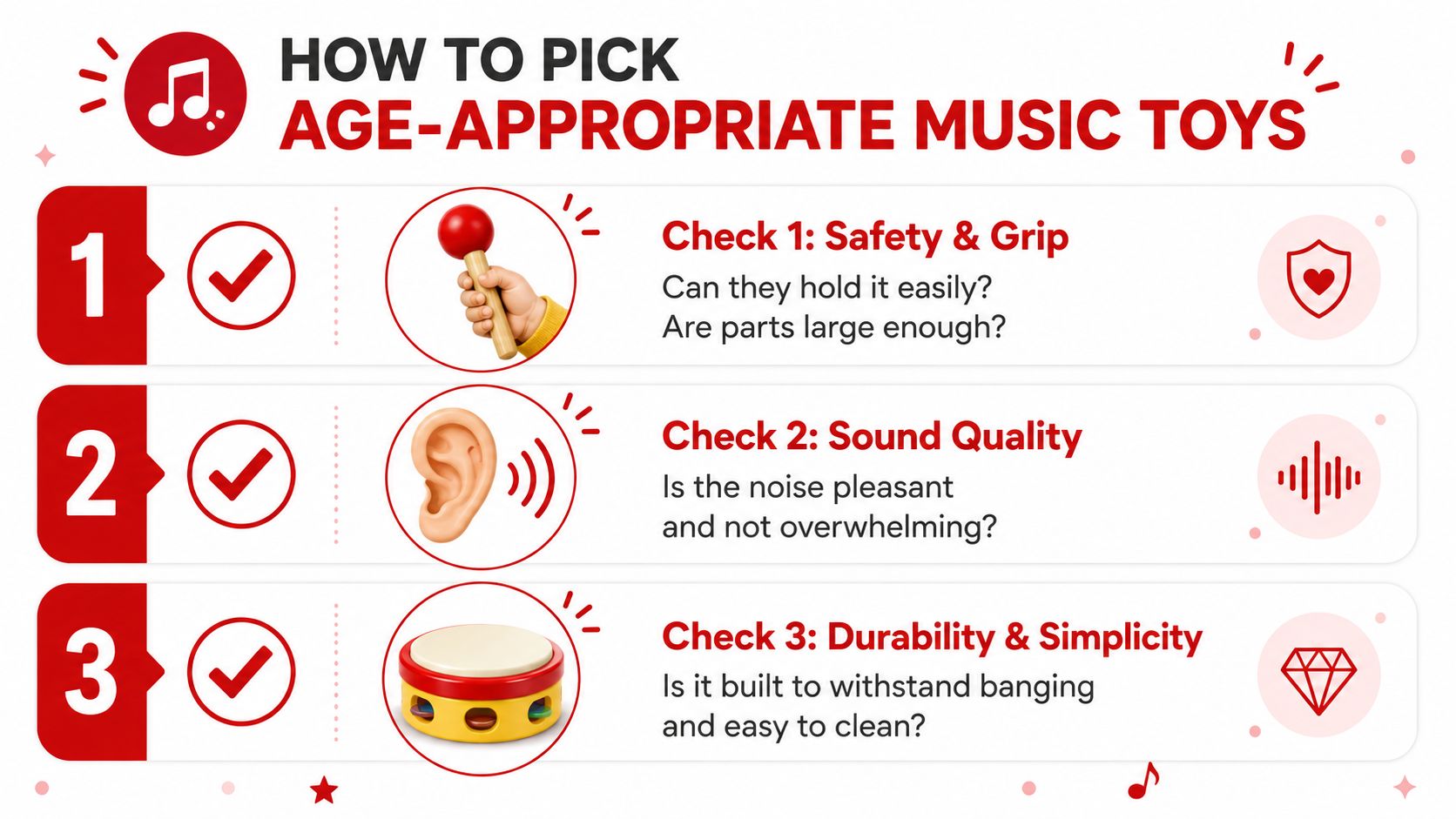 A helpful infographic guide on choosing age-appropriate music toys for toddlers featuring safety, sound, and durability tips.
