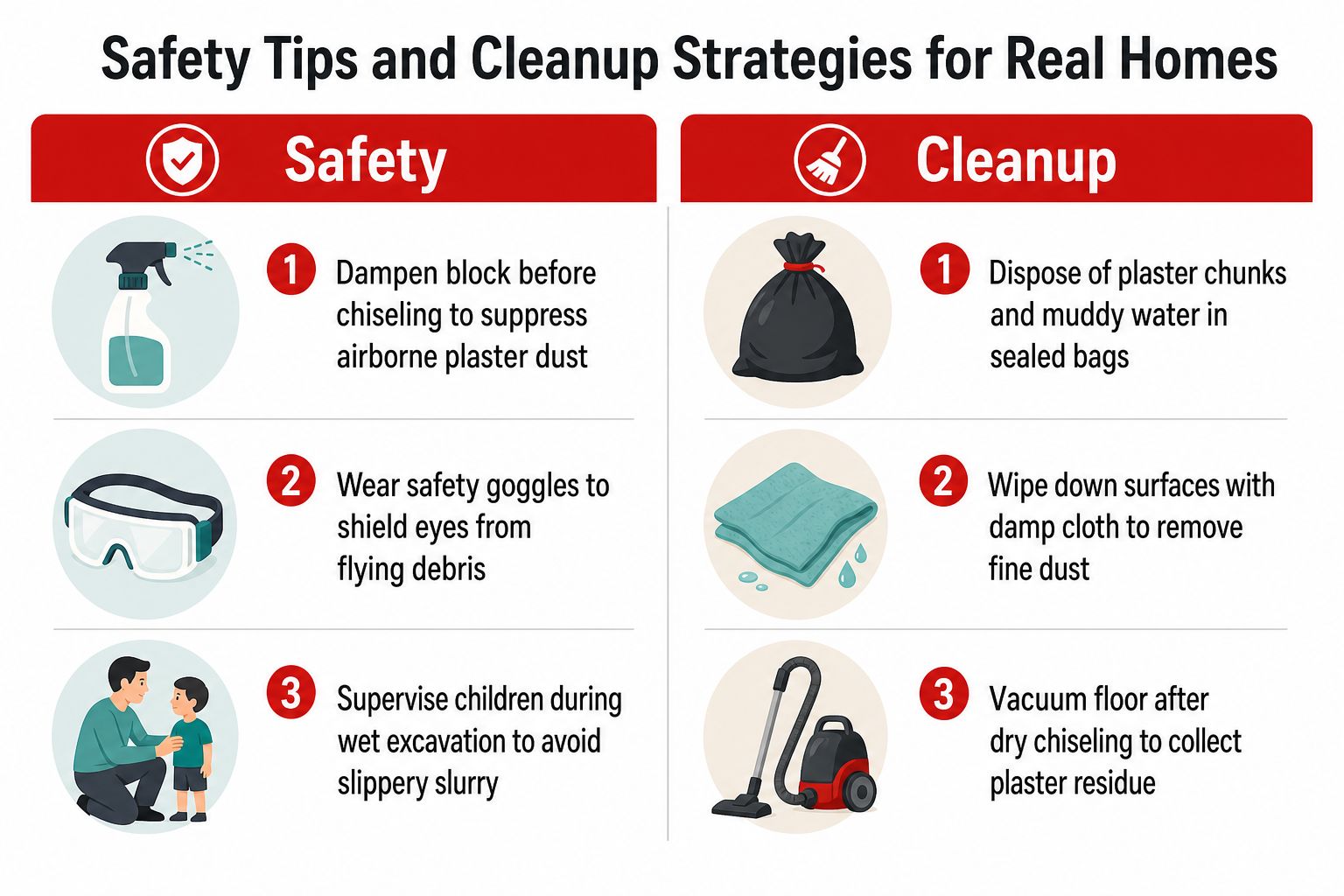 An infographic showing essential safety tips and cleanup strategies for using a gemstone digging kit at home.