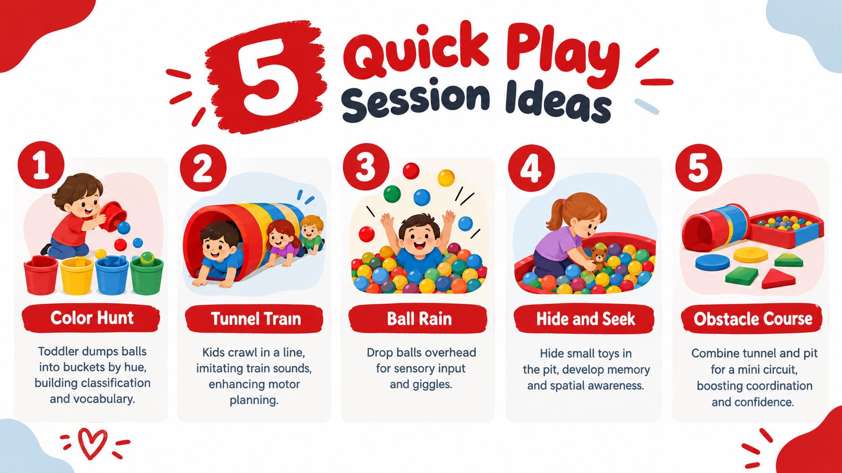 A graphic featuring five simple, engaging play activities for toddlers using a ball pit and tunnel.