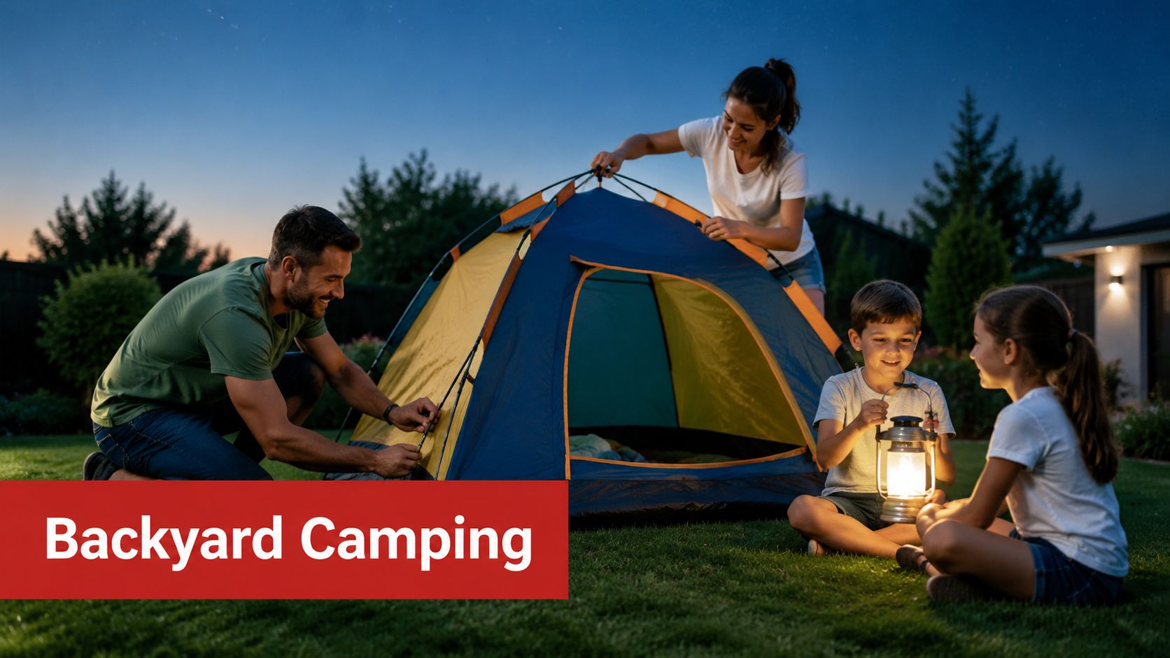A happy family setting up a tent for backyard camping at night in their garden.