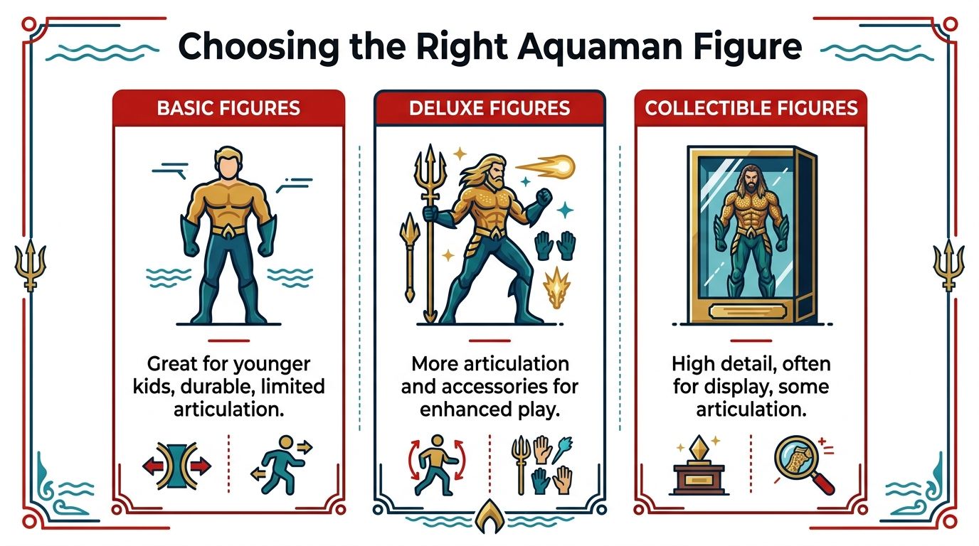 An infographic showing three types of Aquaman action figures, categorized by basic, deluxe, and collectible levels.